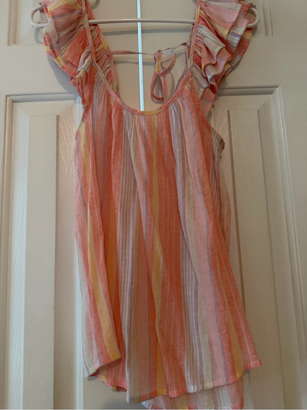 mine Peach Pink and Yellow Striped Ruffle Sleeve Blouse
